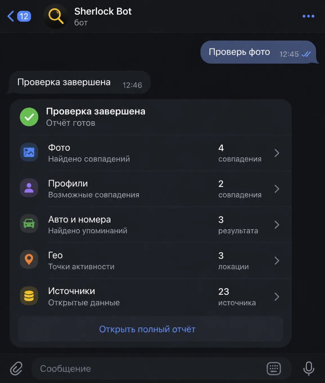 Интерфейс Telegram-бота Sherlock Bot с готовым отчетом по открытым источникам