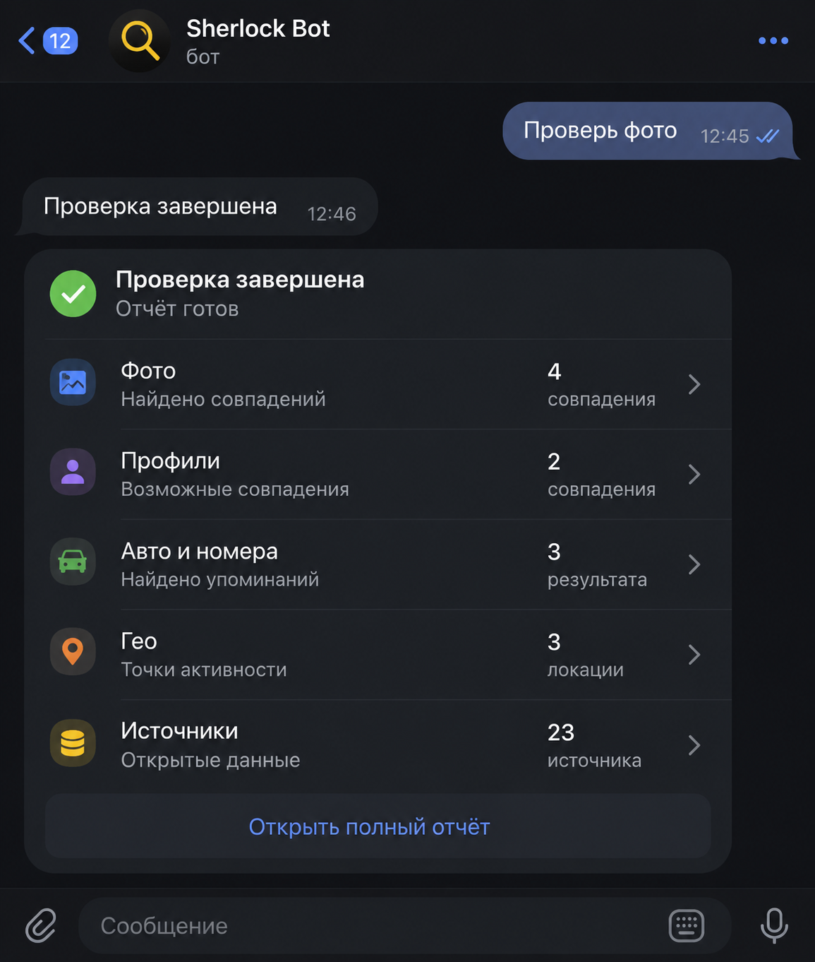 Интерфейс Telegram-бота Sherlock Bot с готовым отчетом по фото, профилям, авто, гео и источникам
